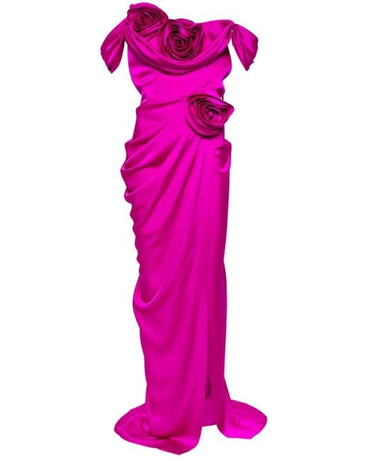 Ana Radu Pink Floral-Appliqué Draped Gown