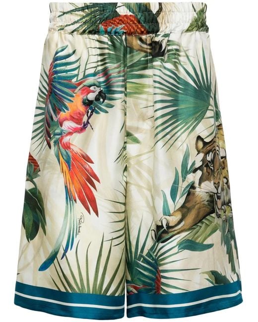 Roberto Cavalli Green Jungle-Print Silk Shorts for men