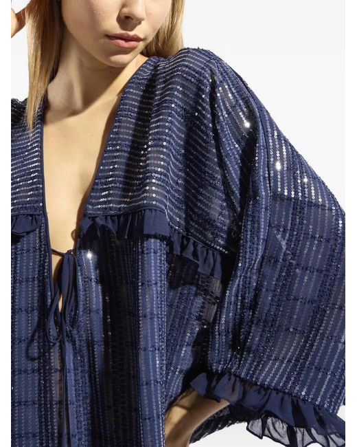 Adriana Degreas Blue Sequin-Embellished Ruffled Kaftan
