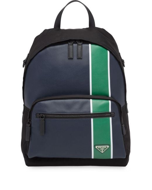 Prada Blue Technical Fabric And Leather Stripe Backpack for men