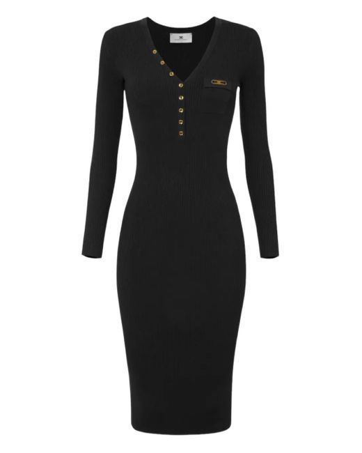 Elisabetta Franchi Black Geripptes Midikleid mit Knöpfen