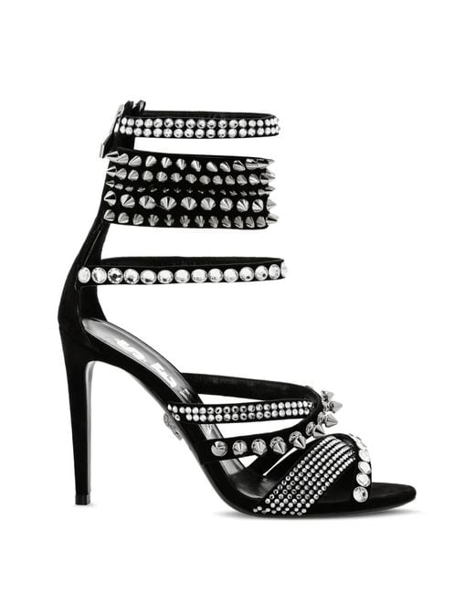 Philipp Plein Black Suede High-Heeled Sandals With Crystal And Stud Embellishments