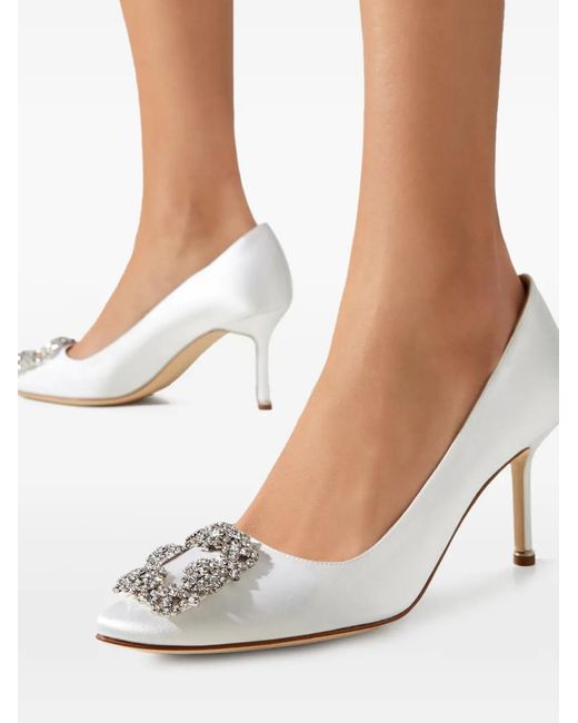 Manolo Blahnik White Hangisi 70 Crystal-Buckle Pumps