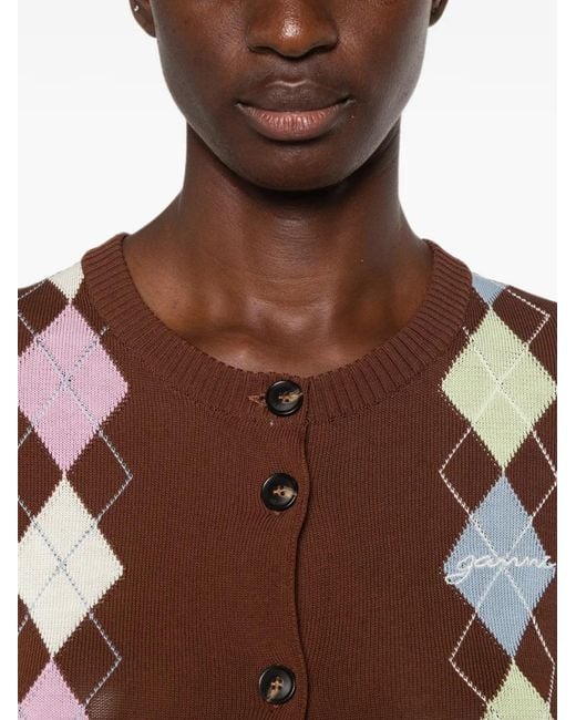 Ganni Brown Argyle-Pattern Button-Up Cardigan