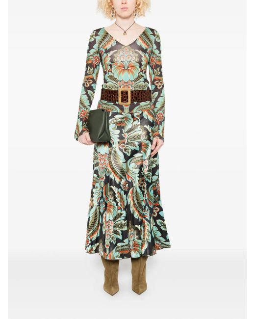 Etro Green Floral-Print Bell-Sleeve T-Shirt