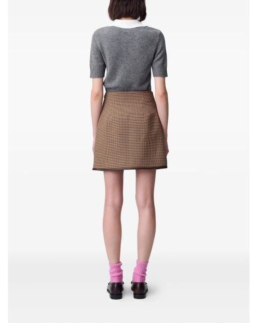 Claudie Pierlot Mini-Rok Met Pied-De-Poule Print En Leren Afwerking in het Brown