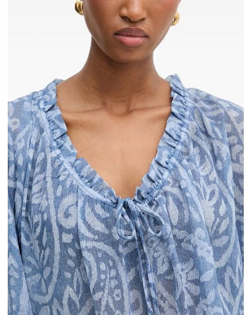 Morgan Blue Paisley-Print Ruffled Blouse