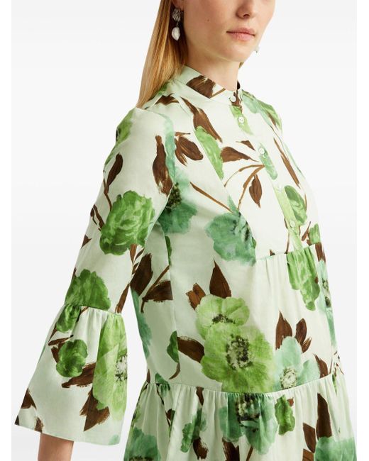 Erdem Green Floral-Print Cotton Minidress