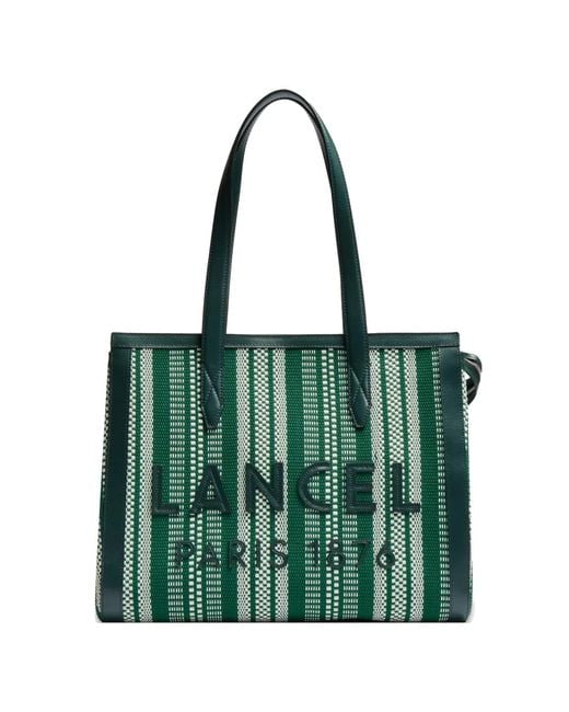 Lancel Green Large Striped Zip Tote Bag