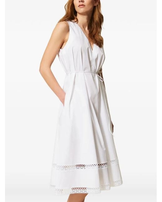 Twinset White Lace-Trimmed V-Neck Midi Dress