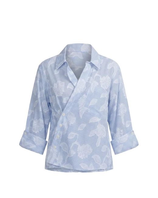 CISSA Blue Asymmetric Floral-Jacquard Shirt