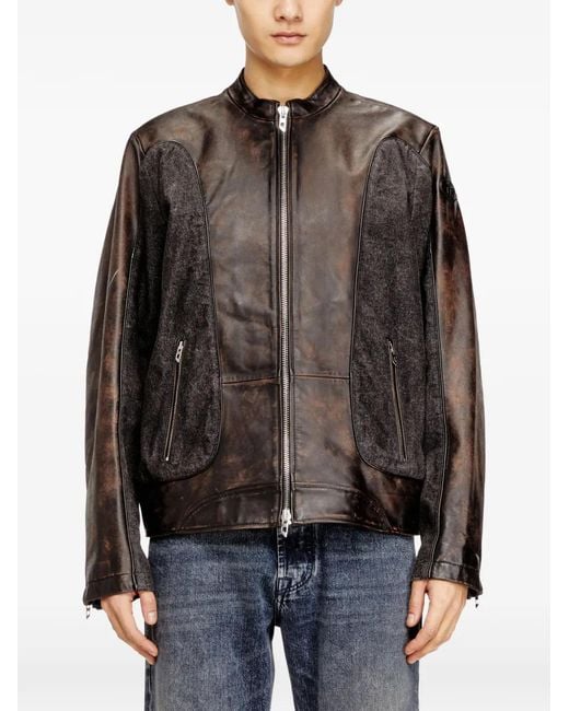 DIESEL Brown L-Krill-Dnm Panelled Leather Jacket for men