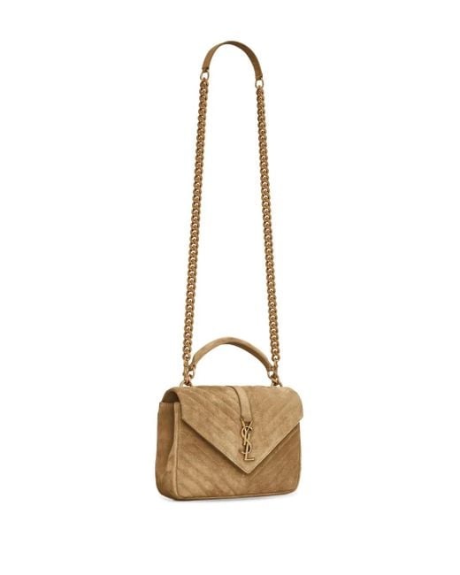 Saint Laurent Natural Medium College Quilted Suede Shoulder Bag