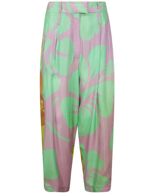 Jejia Green Floral-print Tapered Silk Trousers
