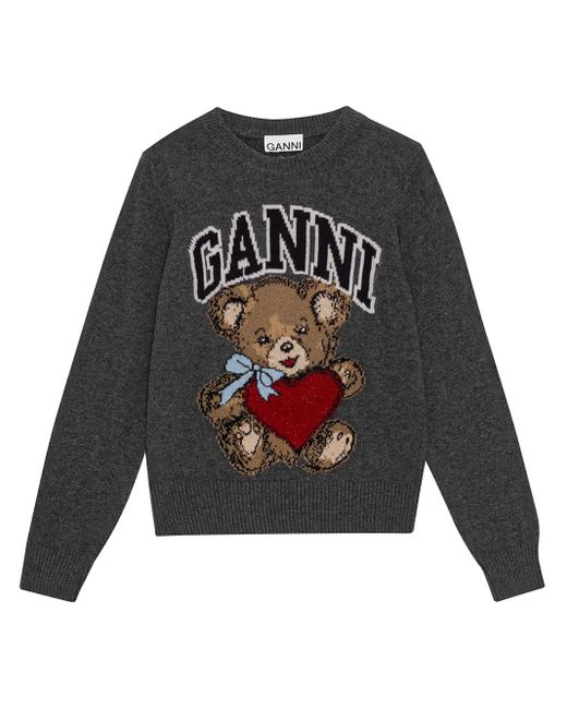 Ganni Gray Sweater With Colorful Bear Motif