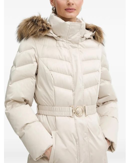 Guess White Fur Hooded Belted Jacket