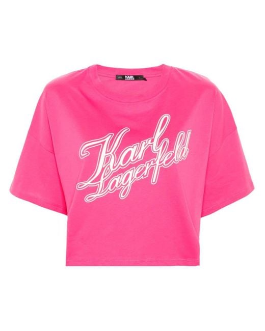 Karl Lagerfeld Pink Logo-print Cropped T-shirt