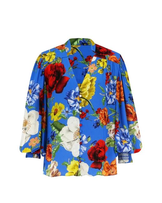 Alice + Olivia Blue Serena Floral-Print Blouse