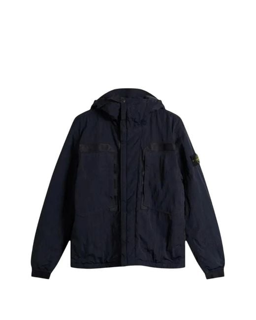 Stone Island Blue Hooded Logo-Patch Jacket for men