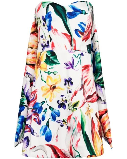 Marchesa Blue Mikado Floral-Print Mini Dress