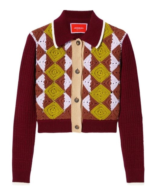 LaDoubleJ Red Crochet-Panel Button-Fastening Cardigan