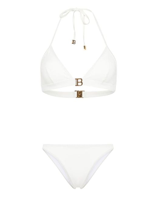 Balmain White Bikini mit Logo-Schild