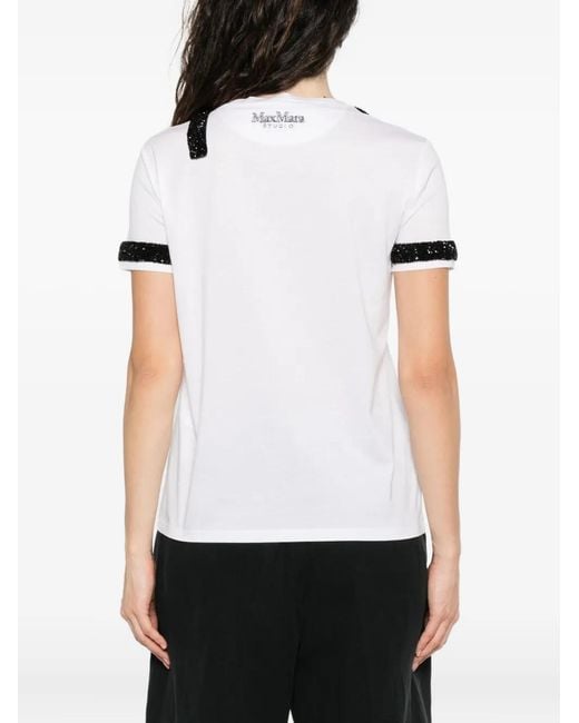 Max Mara White Embellished-Neckline Cotton T-Shirt