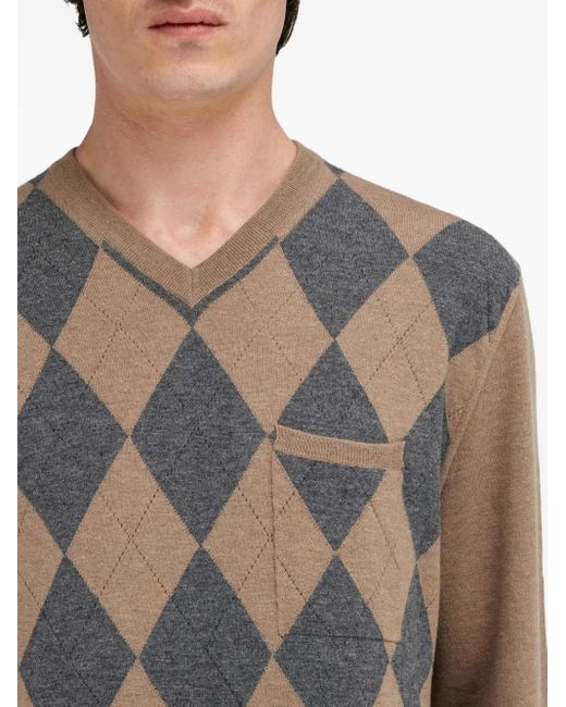 Ferragamo Gray V-Neck Argyle Virgin-Wool Sweater for men
