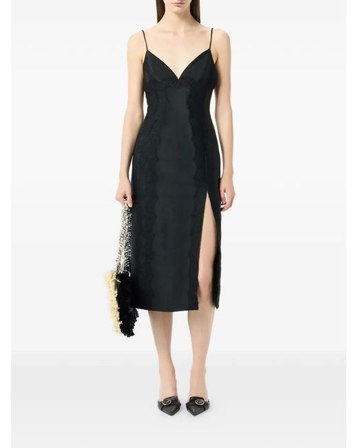 Blumarine Black Robe Mi-Longue Fendue À Détails En Dentelle