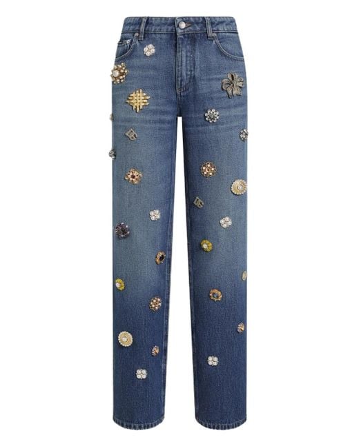 Dolce & Gabbana Blue Embroidered Embellished Straight Jeans