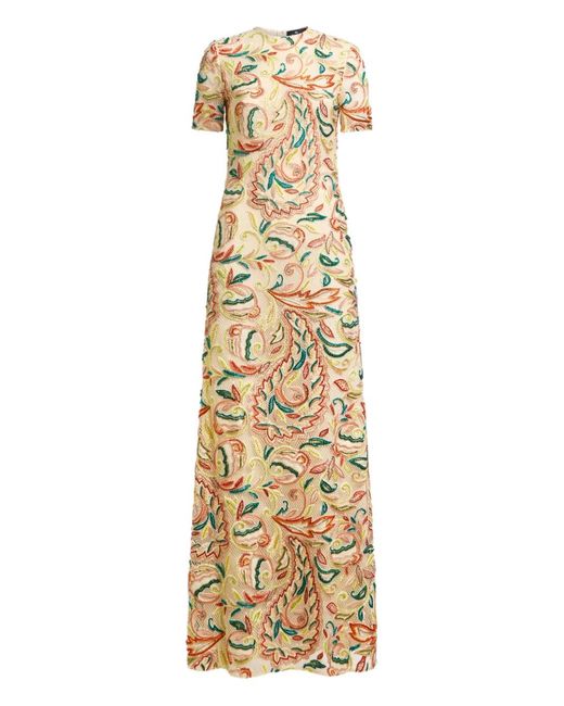 Etro Metallic Crochet-Effect Long Dress With Floral Embroidery