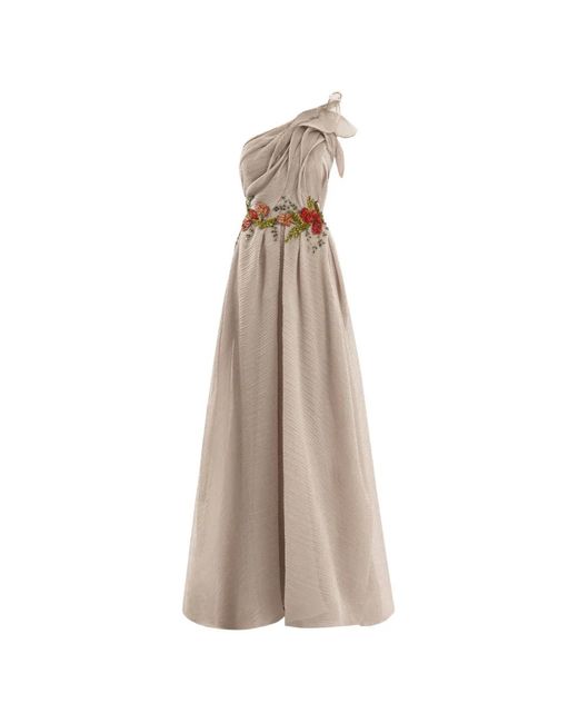 Gemy Maalouf Natural Floral-Embroidered One-Shoulder Maxi Dress