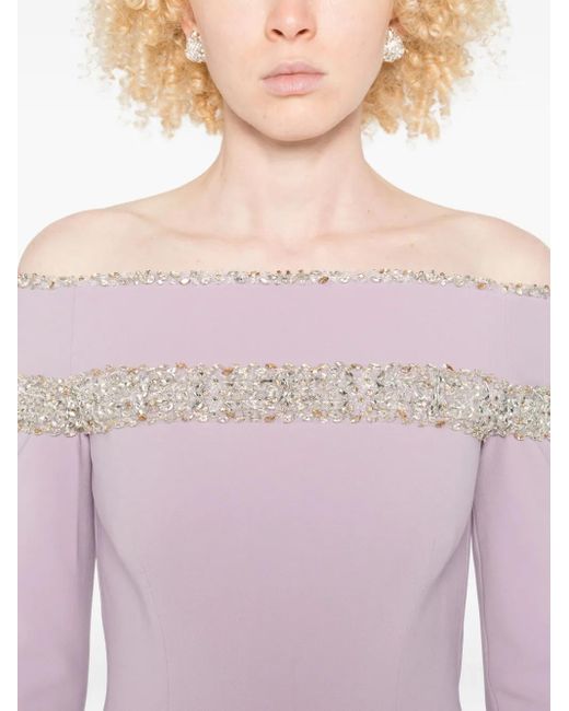Dina Melwani Purple Embellished Off-Shoulder Dress