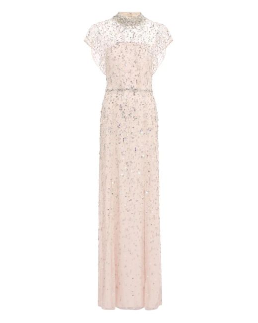 Jenny Packham White Crystal-Embellished High-Neck Maxi Dress