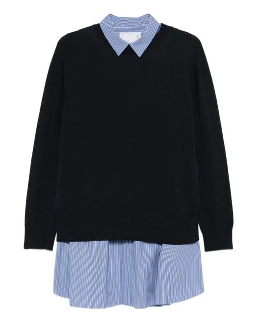 Sacai Black Poplin X Cotton Striped Collared Knit Dress