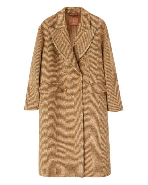 Ermanno Scervino Natural Herringbone-Pattern Double-Breasted Coat