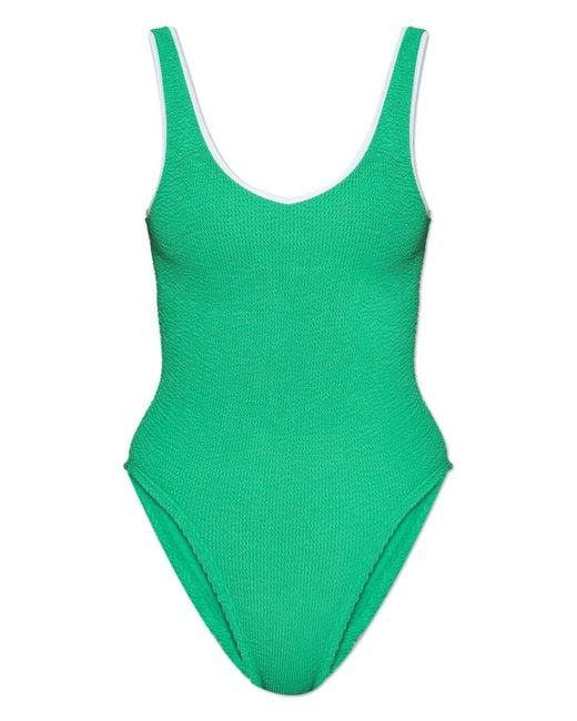 Hunza G Green Faye Crinkle Contrast-Trim Swimsuit