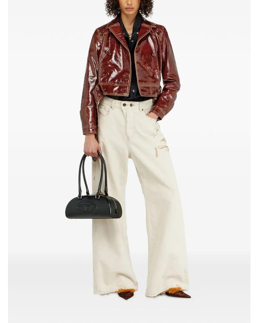 DIESEL Red Cropped Patent Leather Jacket With Double-Breasted Front