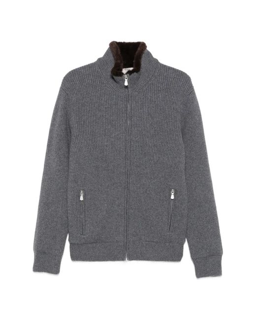 Barba Napoli Gray Fur-Trim Ribbed-Knit Jacket for men