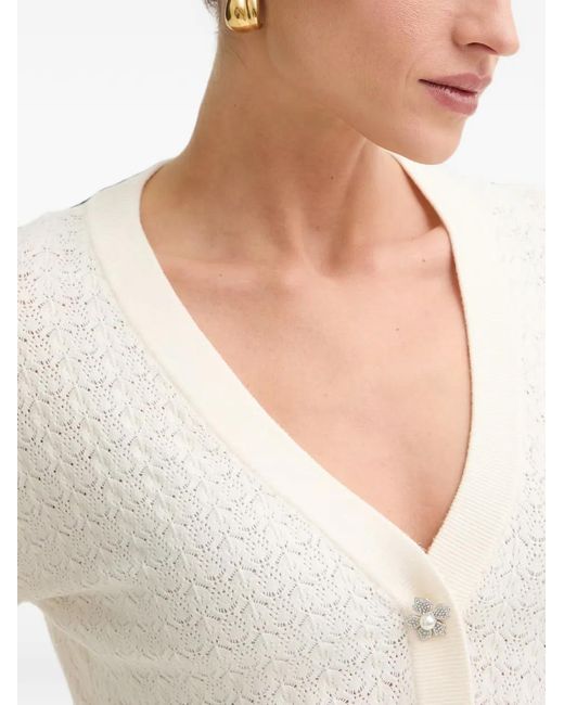 Guess White Flower-Button Pointelle-Knit Cardigan