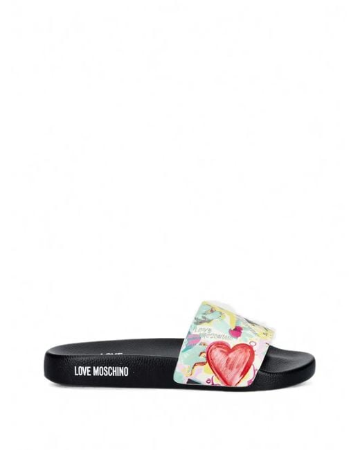 Love Moschino White Heart-Print Logo-Print Slides