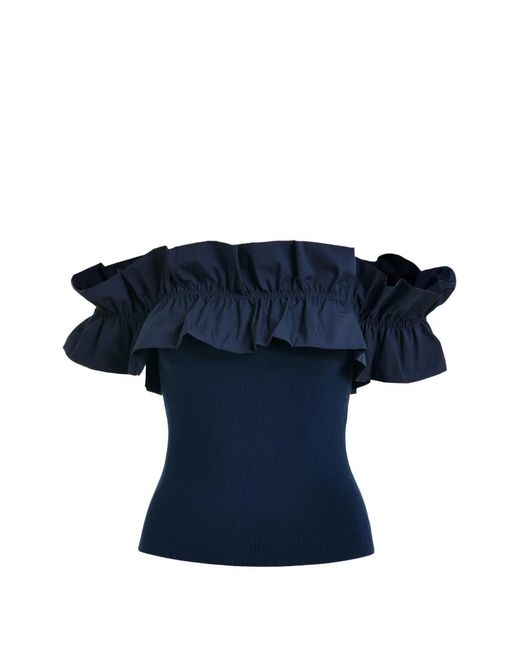 Essentiel Antwerp Blue Ruffled-Neck Off-Shoulder Top
