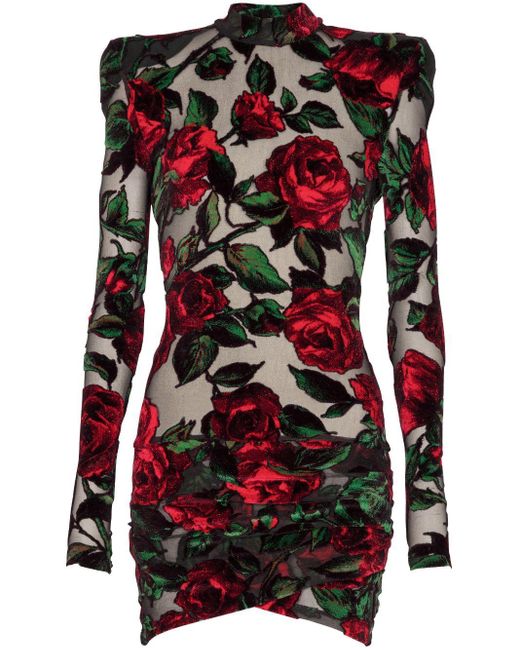 Balmain Red Rose-print Velvet Minidress
