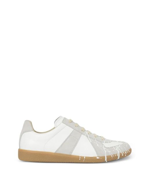 Maison Margiela White Leather And Suede Paint-Splashed Sneaker With Natural Rubber Sole for men