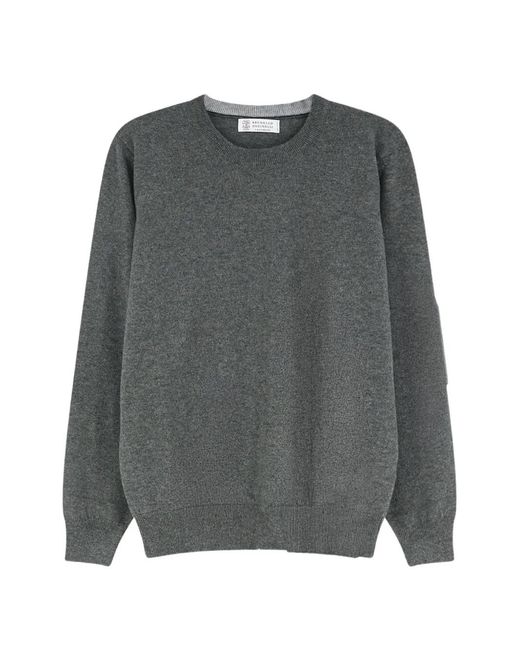 Brunello Cucinelli Gray Crewneck Ribbed-Trim Sweater for men