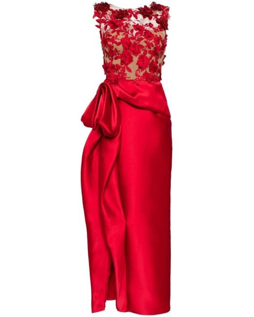 Marchesa Red Floral-appliqué Silk-blend Dress