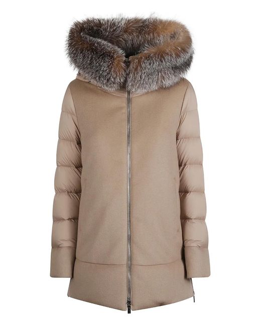 Moorer Brown Hairy Hat Down Jacket