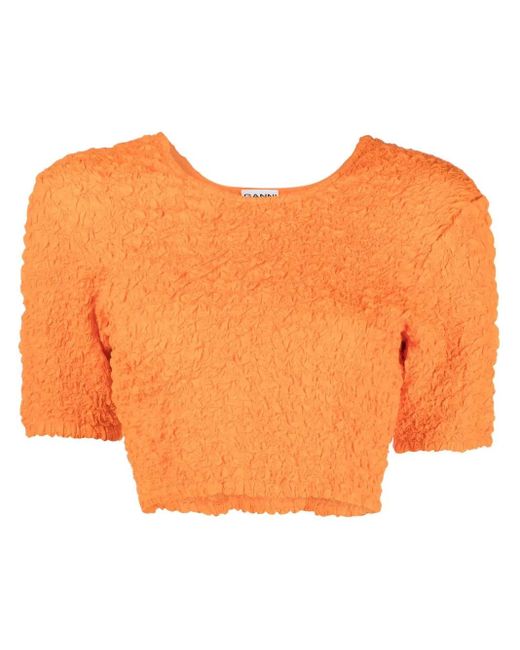 Ganni Orange Shirred Organic Cotton Crop Top