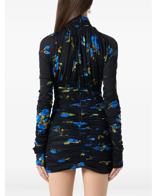 Blumarine Blue Ruched Floral-Print Mini Dress