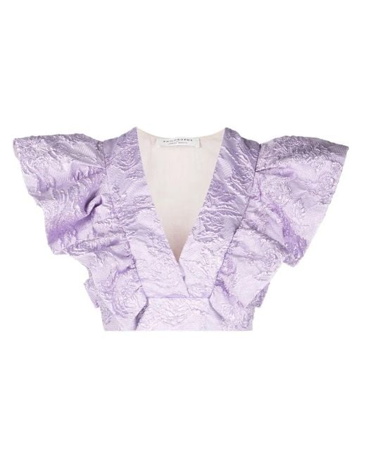 Philosophy Di Lorenzo Serafini Purple Floral-Jacquard Ruffled Crop Top